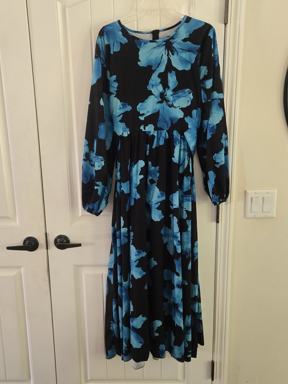 Watercolor Bold Blue Floral Long Sleeve Maxi Dress Bohemian Romantic L